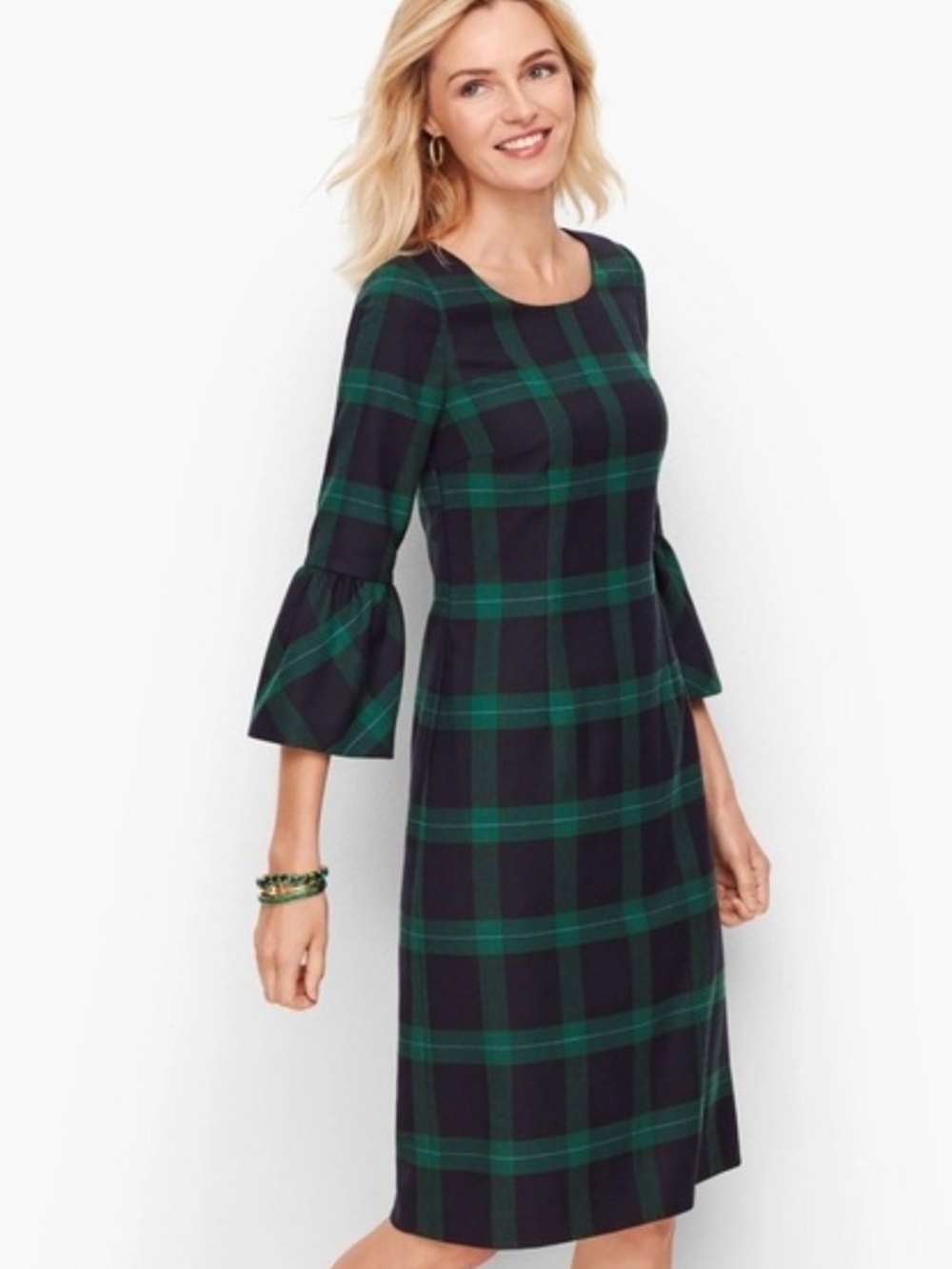 Talbots Green and Black Plaid Midi Dress with Bell Sleeves - Size 14